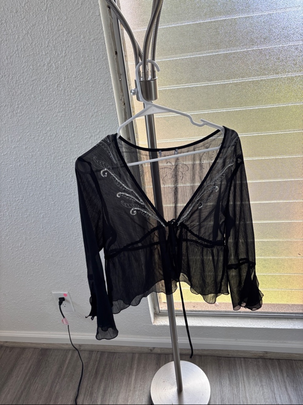 Sheer Black Tie-Front Embroidered Cropped Top